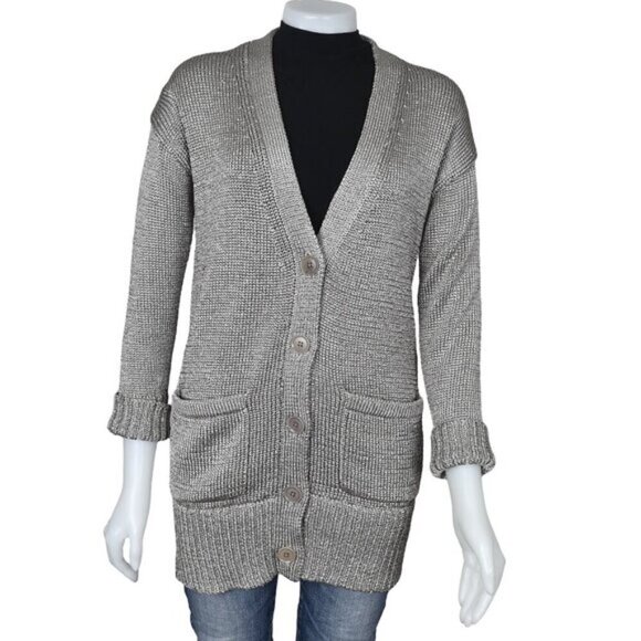 Banana Republic Metallic Chunky Knit Long Cardigan Sweater Champagne Size Small - Picture 4 of 15